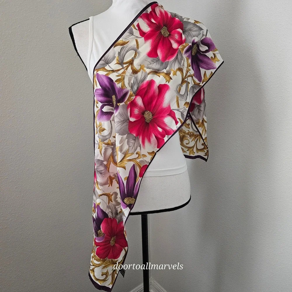 Vintage Oscar de la Renta Silk Scarf Floral Baroque Crepe de Chine Metallic Gold - Picture 5 of 11